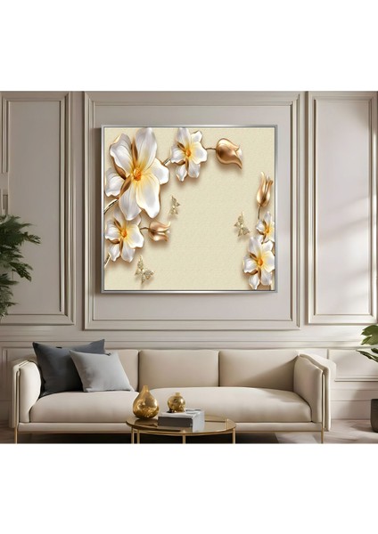 |metal Çerçeveli Kanvas Tablo Çiçek Desenli Model Krem-Gold |ckkare