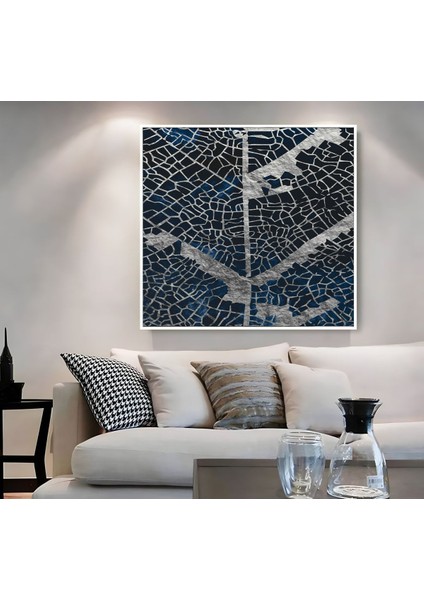 |metal Çerçeveli Kanvas Tablo Lacivert Gümüş Yaprak Desen |ckkare