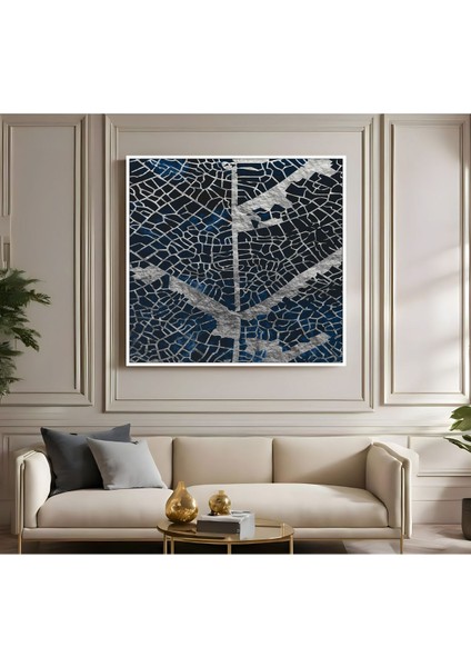 |metal Çerçeveli Kanvas Tablo Lacivert Gümüş Yaprak Desen |ckkare fiyatları