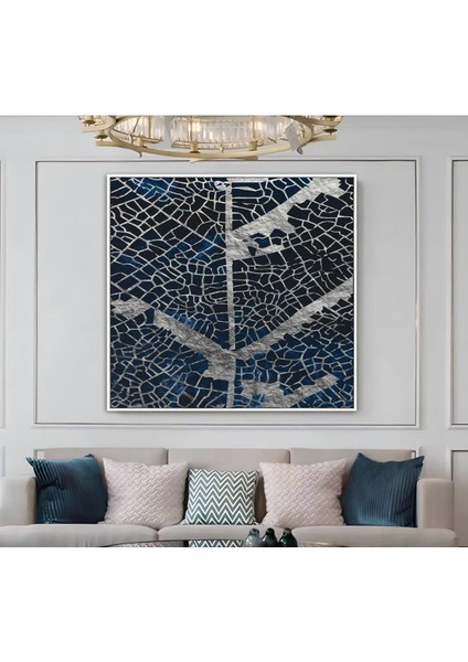 |metal Çerçeveli Kanvas Tablo Lacivert Gümüş Yaprak Desen |ckkare modelleri