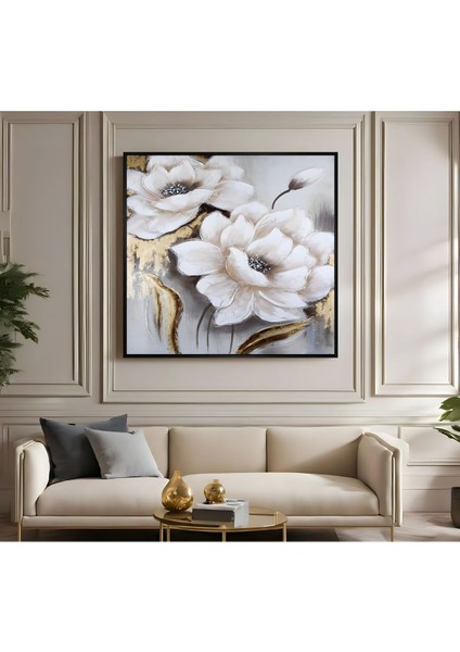 |metal Çerçeveli Kanvas Tablo Beyaz Çiçek Desen |ckkare fiyatları