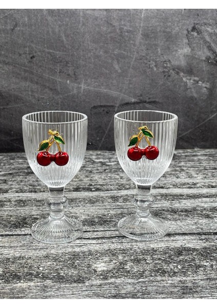 Turuncu 2'li Kristal Cam Kahve Yanı Su Bardağı, Kiraz Desenli, 75ML