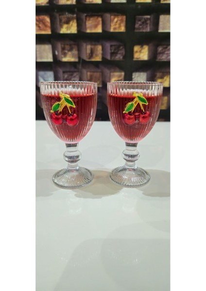 Turuncu 2'li Kristal Cam Kahve Yanı Su Bardağı, Kiraz Desenli, 75ML fiyatları