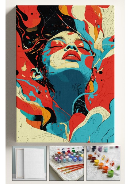 Sayılarla Boyama Çerçeveli Hobi Seti Numaralı Tuval Fırça Boya Dahil Kasnaklı 40X50 cm Bohem Kadın