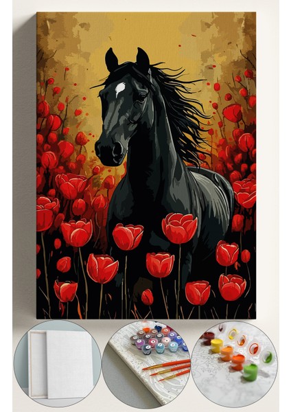 Sayılarla Boyama Çerçeveli Hobi Seti Numaralı Tuval Fırça Boya Dahil Kasnaklı 40X50 cm At ve Kaleler