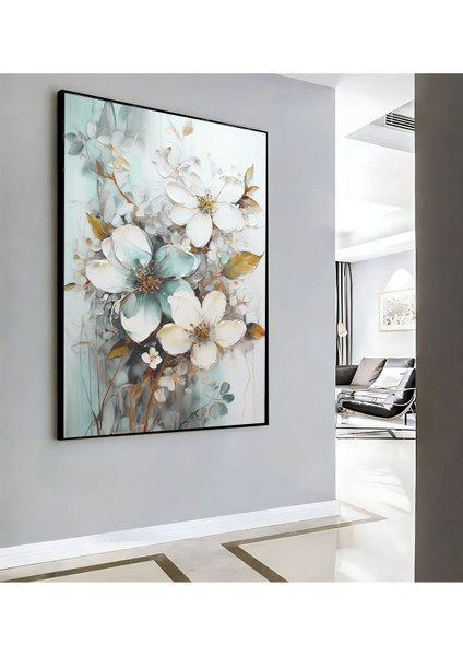 |soft Turkuaz Beyaz Çiçek ( CKD-142) |çerçeveli Kanvas Tablo Ckdikey