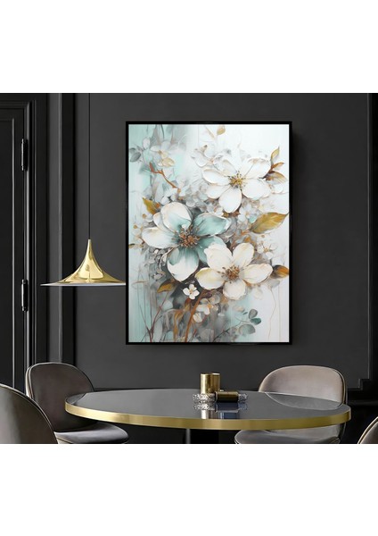 |soft Turkuaz Beyaz Çiçek ( CKD-142) |çerçeveli Kanvas Tablo Ckdikey modelleri