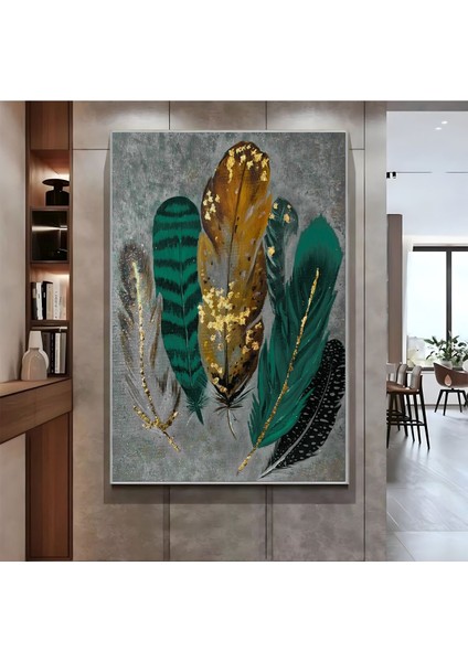 |yeşil Gri Gold Tüy Modeli ( CKD-084) |çerçeveli Kanvas Tablo Ckdikey