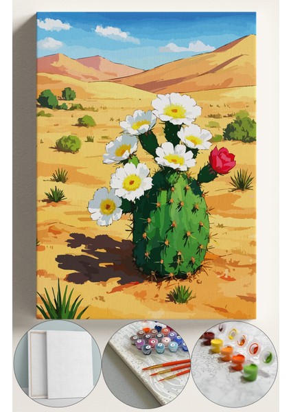 Sayılarla Boyama Çerçeveli Hobi Seti Numaralı Tuval Fırça Boya Dahil Kasnaklı 40X50 cm Çiçekli Kaktüs