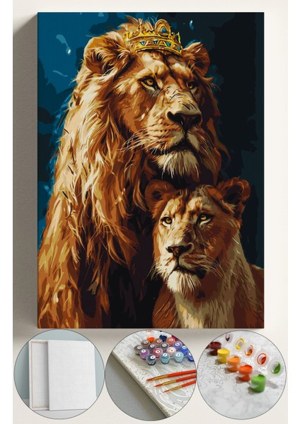 Sayılarla Boyama Çerçeveli Hobi Seti Numaralı Tuval Fırça Boya Dahil Kasnaklı 40X50CM Aslankral