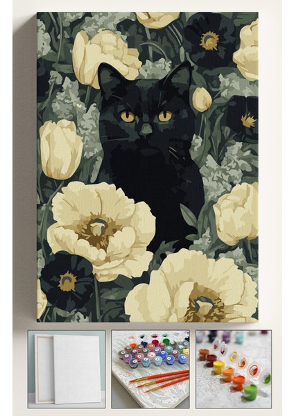 Sayılarla Boyama Çerçeveli Hobi Seti Numaralı Tuval Fırça Boya Dahil Kasnaklı 40X50 cm Beyaz Çiçekler Siyah Kedi