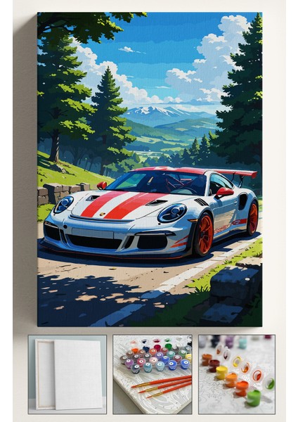 Sayılarla Boyama Çerçeveli Hobi Seti Numaralı Tuval Fırça Boya Dahil Kasnaklı 40X50 cm Beyaz Porsche