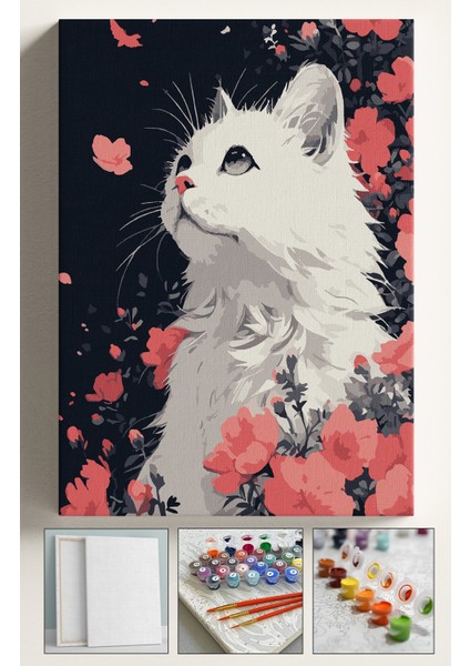 Sayılarla Boyama Çerçeveli Hobi Seti Numaralı Tuval Fırça Boya Dahil Kasnaklı 40X50 cm Beyaz Kedi
