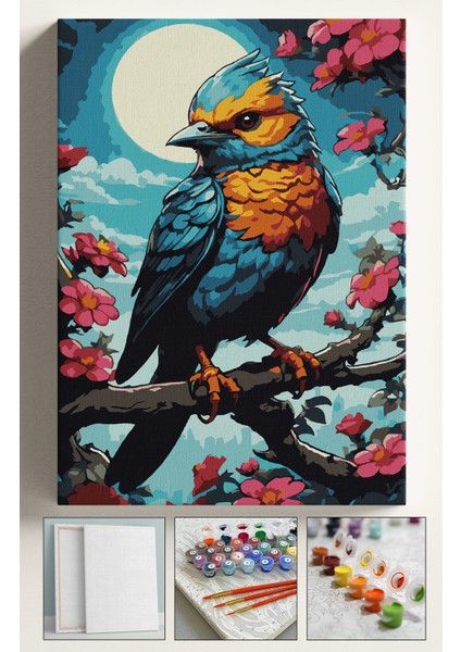 Sayılarla Boyama Çerçeveli Hobi Seti Numaralı Tuval Fırça Boya Dahil Kasnaklı 40X50 cm Çiçekli Kuş