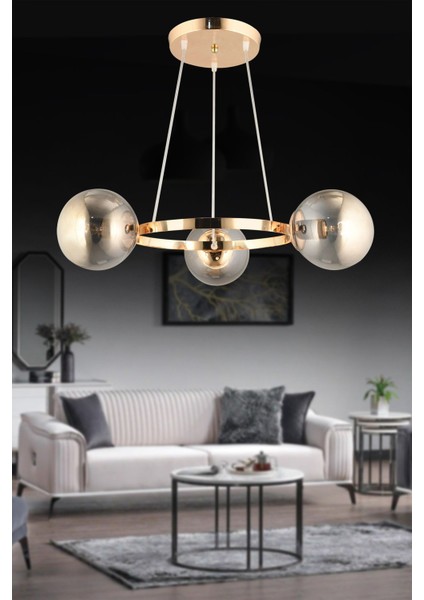 Füme Glop Camlı Modern 3'lü Halka Avize, Şık ve Zarif Aydınlatma Seçeneği