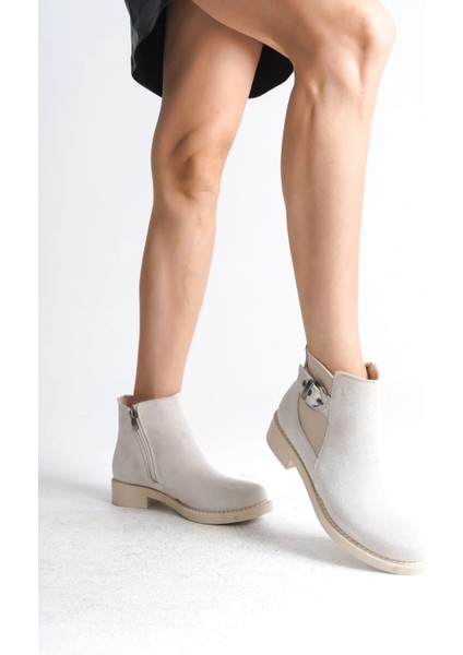 Luna Fermuarlı Lastikli Ortopedik Taban Topuklu Süet Kadın Bot Kt - Krem fiyatları
