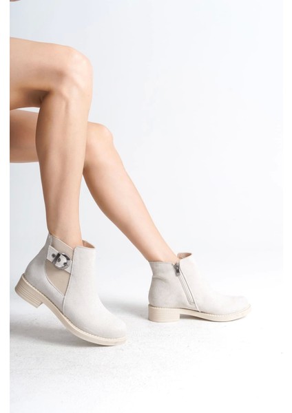 Luna Fermuarlı Lastikli Ortopedik Taban Topuklu Süet Kadın Bot Kt - Krem fırsatları