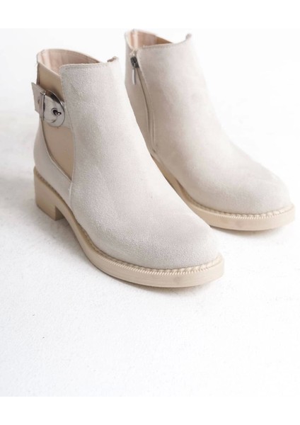 Luna Fermuarlı Lastikli Ortopedik Taban Topuklu Süet Kadın Bot Kt - Krem indirimleri