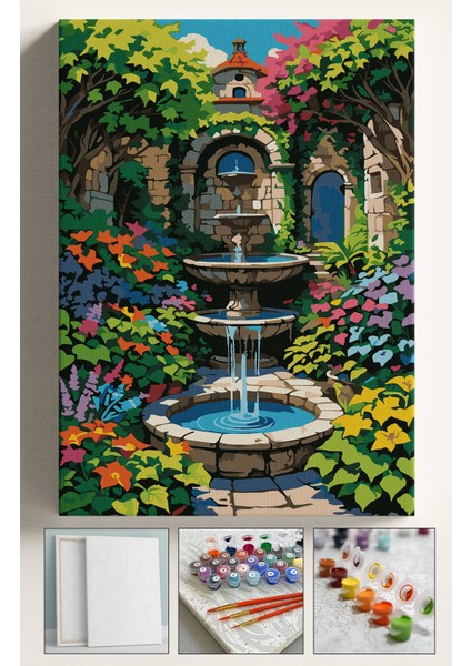 Sayılarla Boyama Çerçeveli Hobi Seti Numaralı Tuval Fırça Boya Dahil Kasnaklı 40X50 cm Çiçekli Çeşme