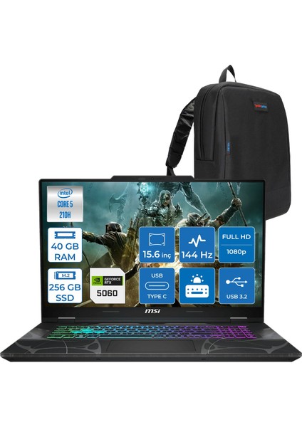 Msı Cyborg 15 Intel Core 5 210H 40GB Ddr5 256GB SSD RTX5060 Gddr7 8gb Freedos 15.6" Fhd (1920X1080) 144HZ Taşınabilir Bilgisayar B2RWFKG207XTRF16 + Zetta Çanta