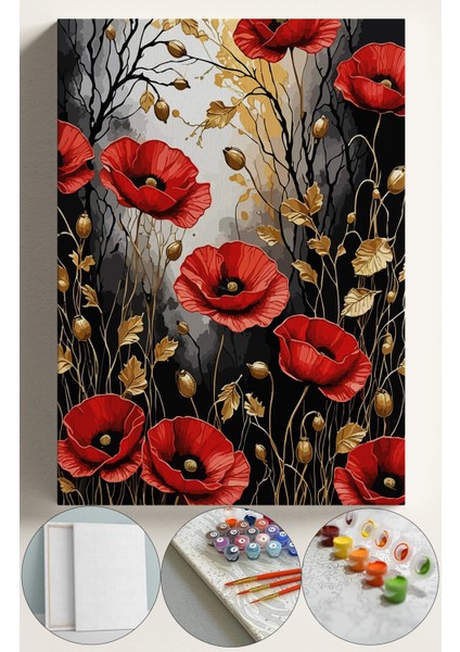 Sayılarla Boyama Çerçeveli Hobi Seti Numaralı Tuval Fırça Boya Dahil Kasnaklı 40X50CM Altın Çiçekler