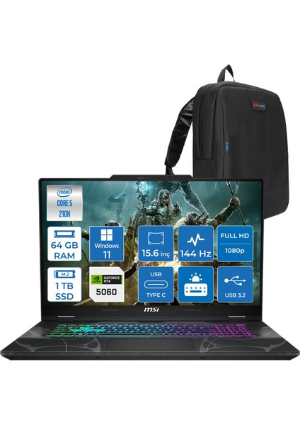 Msı Cyborg 15 Intel Core 5 210H 64GB Ddr5 1tb SSD RTX5060 Gddr7 8gb Windows 11 Pro 15.6" Fhd (1920X1080) 144HZ Taşınabilir Bilgisayar B2RWFKG207XTRP28 + Zetta Çanta