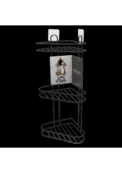 3 Katlı Siyah Metal Köşe Rafı
