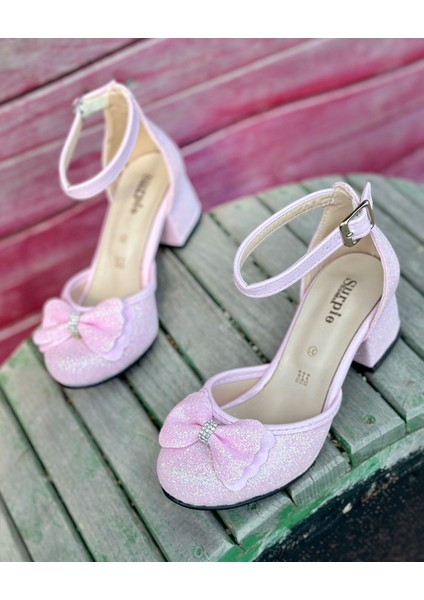 Kız Çocuk Topuklu Ayakkabı, Simli Fiyonklu Topuklu Ayakkabı