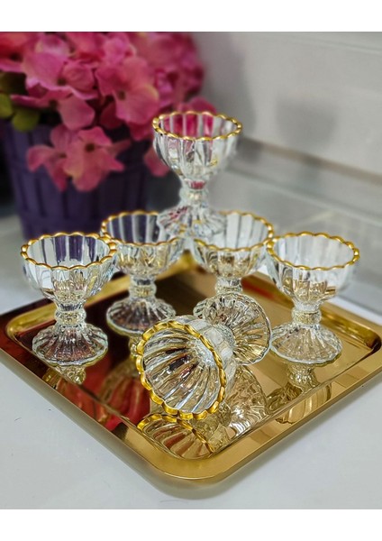 Altılı Gold Detaylı Cam Lokum ve Sunumluk Seti, Şık ve Şık Tasarım. modelleri