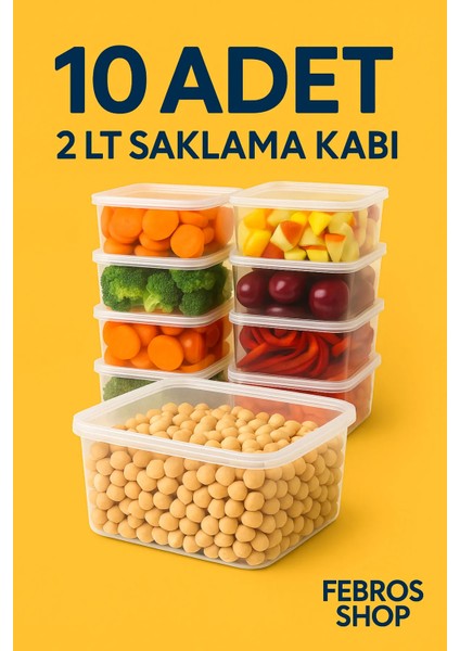 2 LT Kare Derin Dondurucu Saklama Kabı 10'lu Set Buzluk Mikrodalga Gıday Şeffaf Plastik Kap