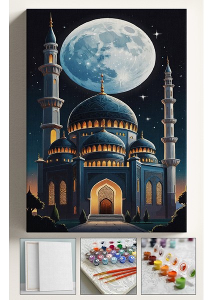 Sayılarla Boyama Çerçeveli Hobi Seti Numaralı Tuval Fırça Boya Dahil Kasnaklı 40X50 cm Dolunay Cami