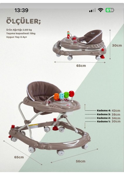 BabyStep Pro Oyuncaklı Yürüteç | Öğretici ve Eğitici | Stoplu Bej Yürüteç