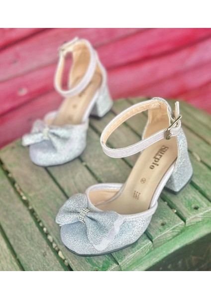 Kız Çocuk Topuklu Ayakkabı, Simli Fiyonklu Topuklu Ayakkabı