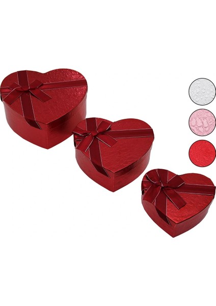 3pcs Kalp Parlak Renkli - Kabartma Desen Karton Hediye Kutusu Kurdelalı 15-18-21CM