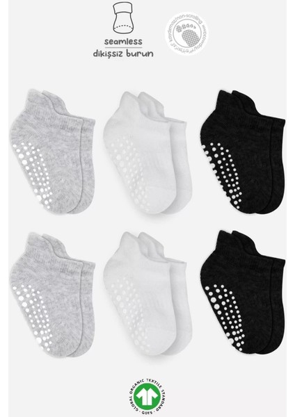 6'lı Sneakers Kaymaz Penye Çorap BS20102 Gri Beyaz Siyah