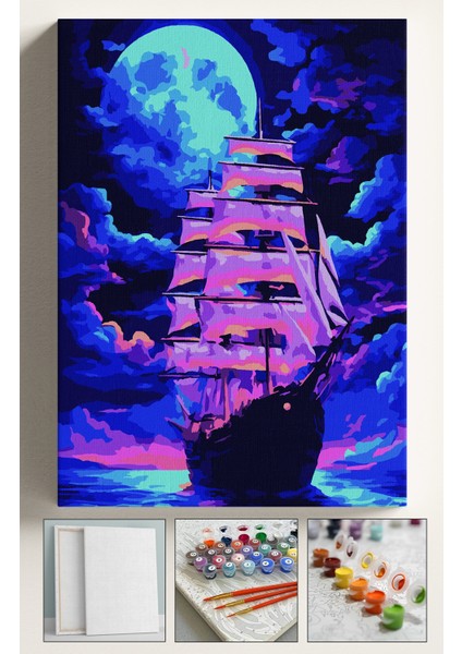 Sayılarla Boyama Çerçeveli Hobi Seti Numaralı Tuval Fırça Boya Dahil Kasnaklı 40X50 cm Gemi
