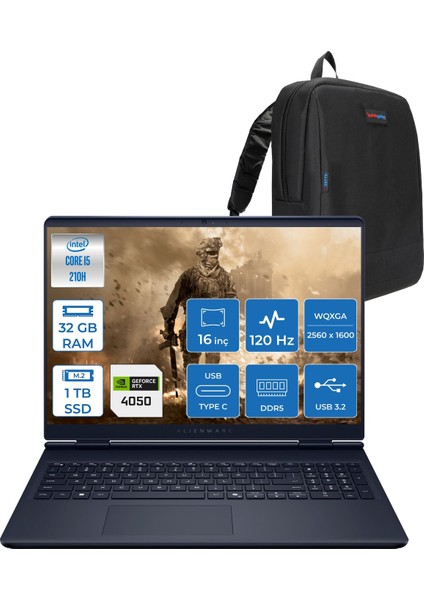 Alienware 16 Aurora Intel Core 5 210H 32GB Ddr5 1tb SSD RTX4050 6gb 85W Freedos 16" WQXGA(2560X1600) 120Hz 300NITS Taşınabilir Bilgisayar AC16250F13 + Zetta Çanta