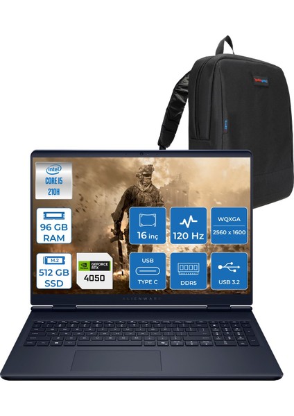 Alienware 16 Aurora Intel Core 5 210H 96GB Ddr5 512GB SSD RTX4050 6gb 85W Freedos 16" WQXGA(2560X1600) 120Hz 300NITS Taşınabilir Bilgisayar AC16250F37 + Zetta Çanta