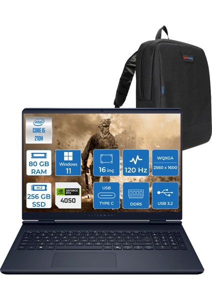 Alienware 16 Aurora Intel Core 5 210H 80GB Ddr5 256GB SSD RTX4050 6gb 85W Windows 11 Pro 16" WQXGA(2560X1600) 120Hz 300NITS Taşınabilir Bilgisayar AC16250P31 + Zetta Çanta
