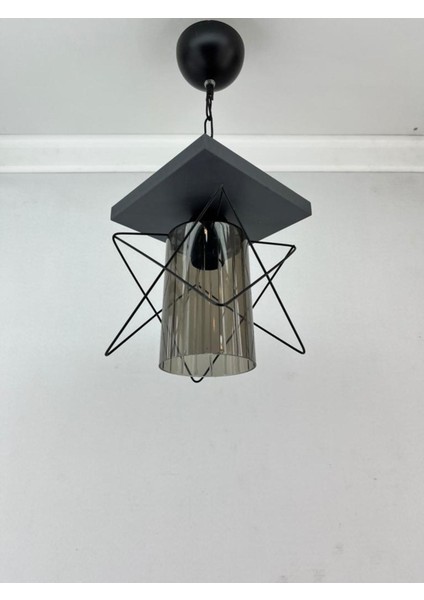 Gri Kare Ahşap Zikzak Boru Camlı Modern Tekli Avize