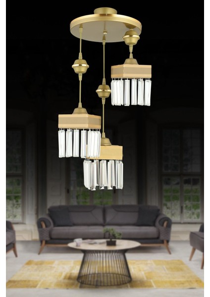 Şık 3'lü Kristalli Sarı Şeritli Kare Sarkıt Avize, Modern ve Zarif Tasarım