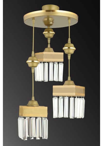 Şık 3'lü Kristalli Sarı Şeritli Kare Sarkıt Avize, Modern ve Zarif Tasarım fiyatları