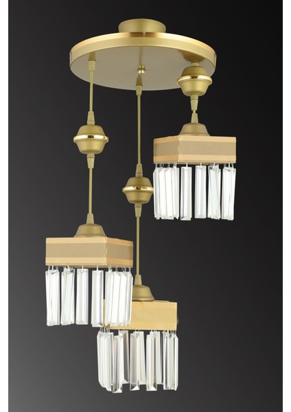 Şık 3'lü Kristalli Sarı Şeritli Kare Sarkıt Avize, Modern ve Zarif Tasarım modelleri