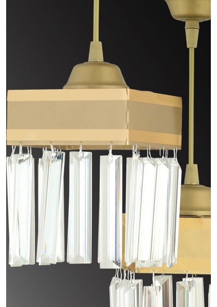 Şık 3'lü Kristalli Sarı Şeritli Kare Sarkıt Avize, Modern ve Zarif Tasarım fırsatları