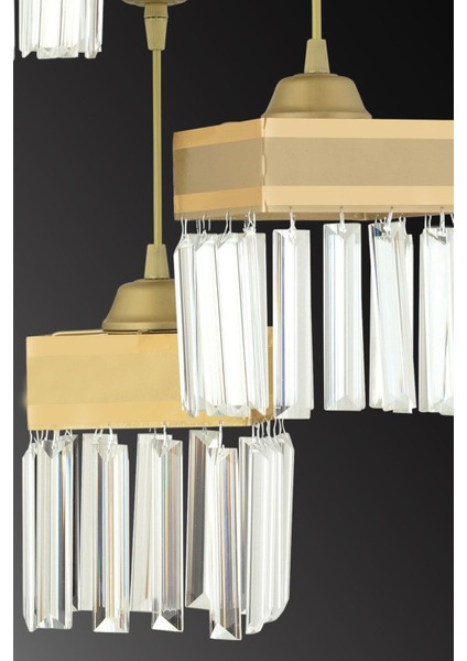 Şık 3'lü Kristalli Sarı Şeritli Kare Sarkıt Avize, Modern ve Zarif Tasarım indirimleri