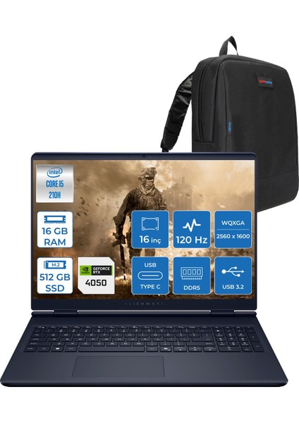 Alienware 16 Aurora Intel Core 5 210H 16GB Ddr5 512GB SSD RTX4050 6gb 85W Freedos 16" WQXGA(2560X1600) 120Hz 300NITS Taşınabilir Bilgisayar AC16250F02 + Zetta Çanta