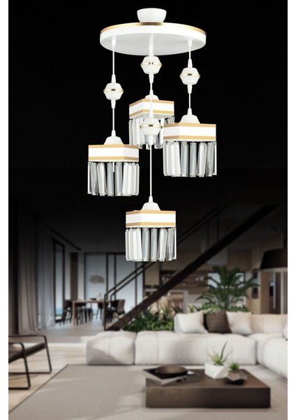 Şık Beyaz Sarkıt Tepsi Seti, Kristal Taşlı ve Sarı Şeritli Kare Tasarım