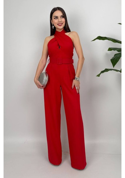 Amber Kadın Kemer Detaylı Askılı Bol Paça Kırmızı Tulum – Rahat Şık Yazlık Kombin