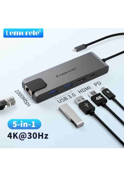 5'in 1'i Type-C Pd 100W/ HDMI 4K/RJ45 100Mbs./Usb 3.0 Hub Çoklayıcı Çoğaltıcı Adaptör Ce Lisanslı Orjinal