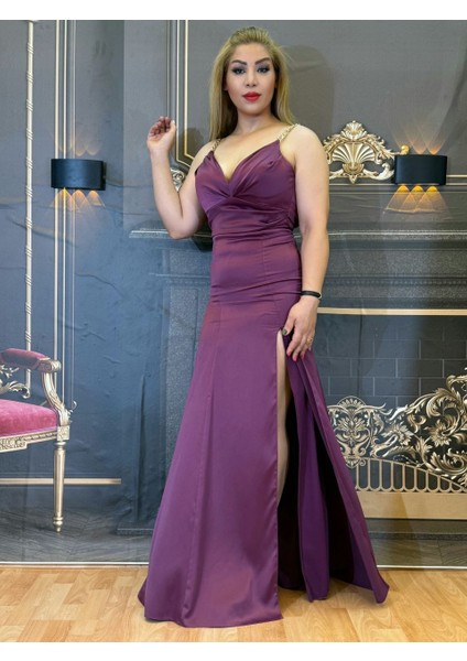 Abiye Elbise Saten Kumaş Kadın Maxi Boy Yırtmaçlı Mor Astarlı Zincir Askılı V Yaka Fermuarlı Kolsuz fiyatları